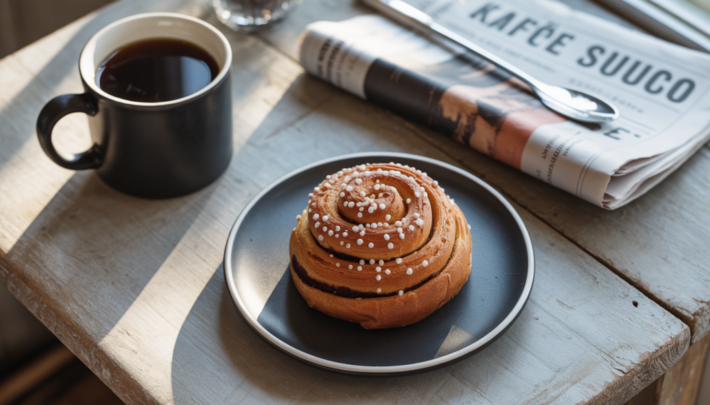 Viajar para a Suécia 2026: Guia Completo para Brasileiros Fika sueca com kanelbulle (pão de canela) e café em mesa de madeira — tradição cultural essencial para quem vai viajar para a Suécia