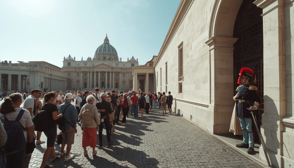 Fila de turistas na entrada dos Museus do Vaticano com a Guarda Suíça ao fundo — seguro viagem obrigatório para entrar na Itália e visitar o Vaticano