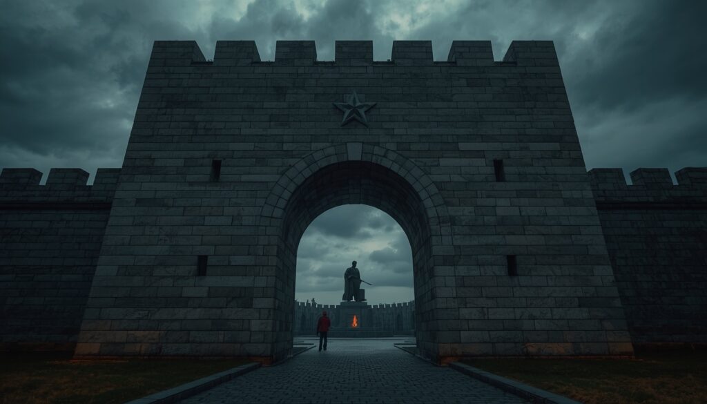 Entrada monumental da Fortaleza de Brest em Belarus com a escultura da cabeça de soldado, memorial da Segunda Guerra Mundial e destino emocionante para turistas brasileiros