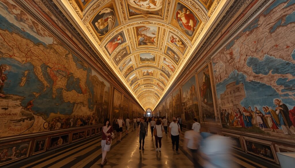 Corredor da Galeria dos Mapas nos Museus do Vaticano com afrescos do século XVI no teto e turistas caminhando — dicas de visita para 2026