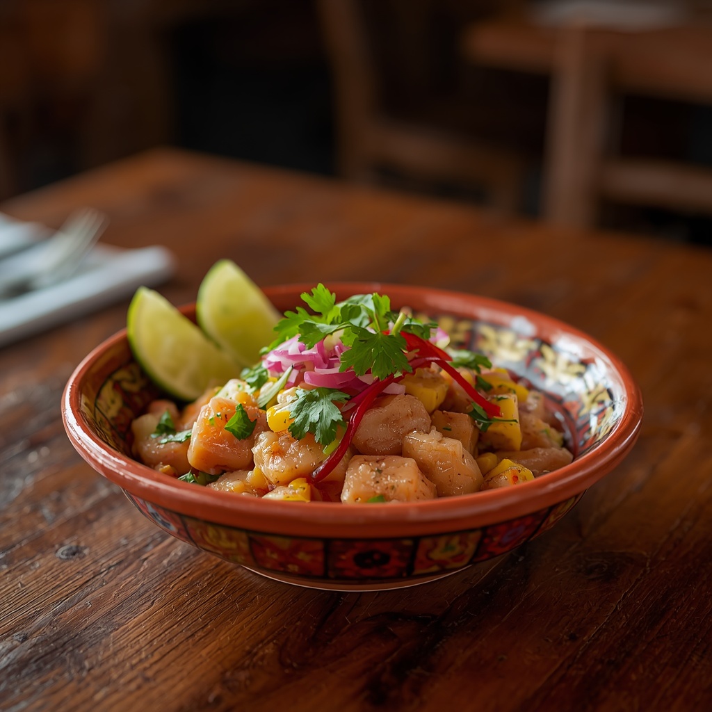 Ceviche peruano fresco servido em restaurante popular em Lima, representando a gastronomia e o baixo custo de alimentação para quem trabalha no Peru