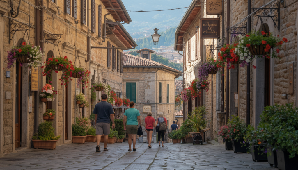 Ruas de pedra do centro histórico de San Marino com moradores e turistas — vida cotidiana no menor estado da Europa