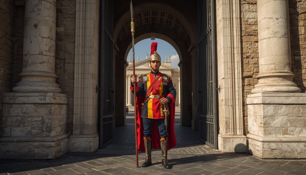 Morar no Vaticano em 2026: é possível? Guia completo para brasileiros Soldado da Guarda Suíça Pontifícia no portão de entrada do Vaticano com uniforme colorido tradicional, responsável pela segurança do menor Estado do mundo em 2026