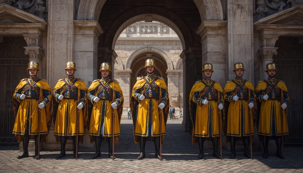 Guardas Suíços do Vaticano em uniforme tradicional amarelo e azul no portão de entrada da Santa Sé