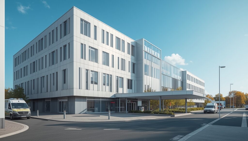 Fachada de hospital universitário moderno em Bruxelas na Bélgica, onde o seguro viagem é acionado em emergências médicas