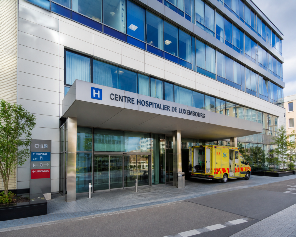 Fachada moderna do Centre Hospitalier de Luxembourg, principal hospital do país, onde turistas brasileiros podem ser atendidos em emergências médicas