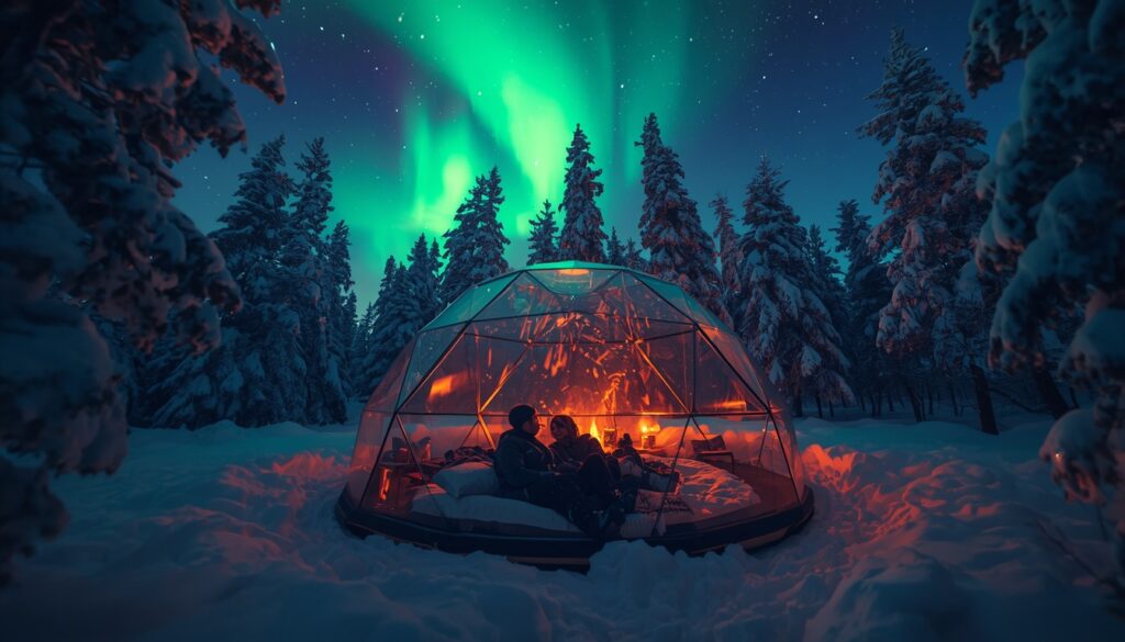 Iglu de vidro aquecido na neve da Lapônia finlandesa com aurora boreal verde visível pelo teto transparente, experiência de hospedagem para quem viaja para a Finlândia em 2026