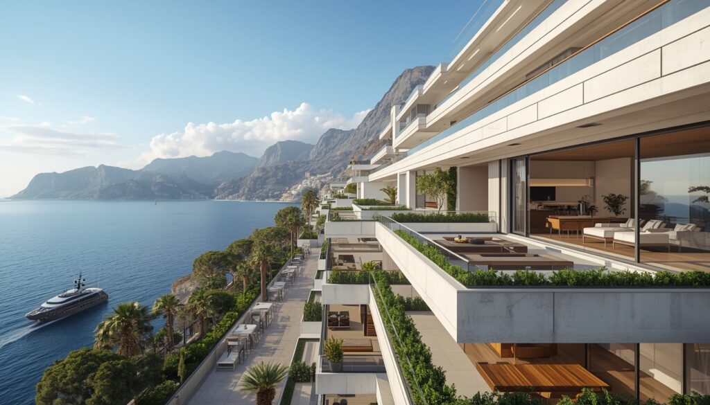 Edifícios residenciais de alto padrão em Mônaco com varandas e vista para o Mar Mediterrâneo, mercado imobiliário mais caro do mundo em 2026