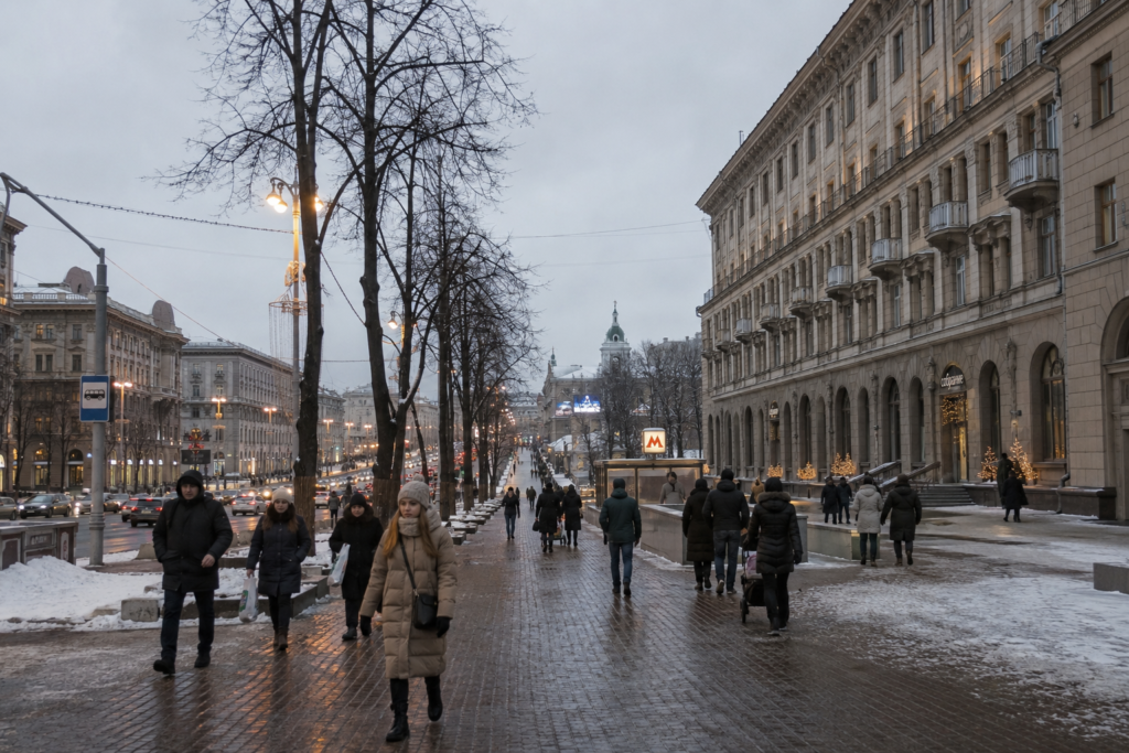  Inverno em Minsk com pessoas caminhando em roupas de frio pesado por ruas cobertas de neve — desafio de adaptação climática para brasileiros que decidem morar em Belarus