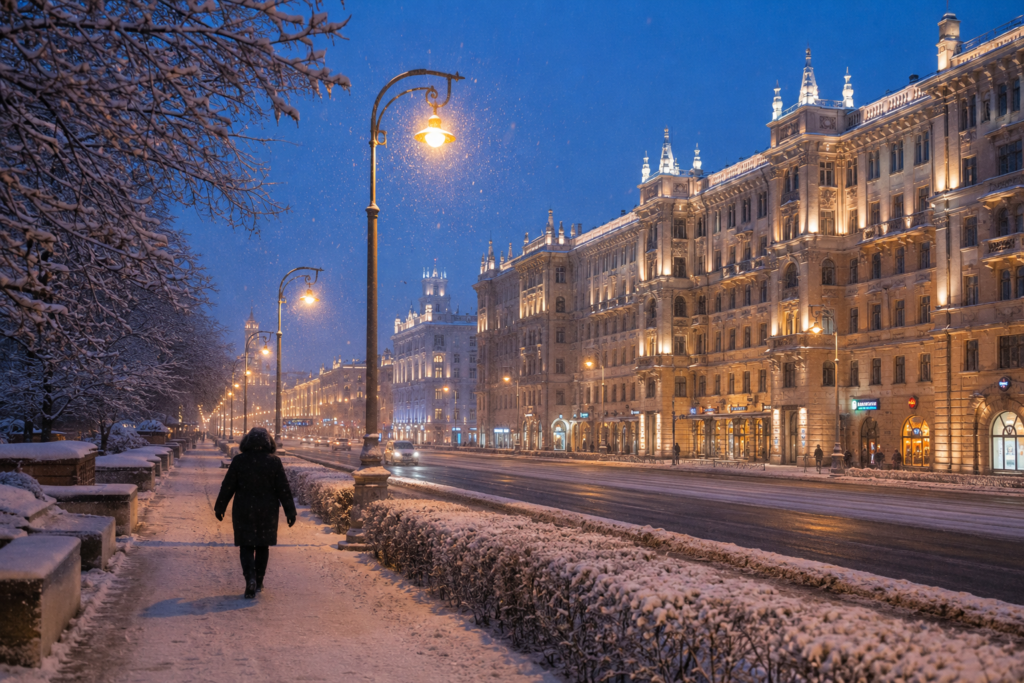 Trabalhar em Belarus 2026: Guia Completo para Brasileiros Ruas de Minsk cobertas de neve no inverno belarrusso — desafio climático para brasileiros que trabalham em Belarus, com temperaturas que chegam a -15°C entre novembro e fevereiro