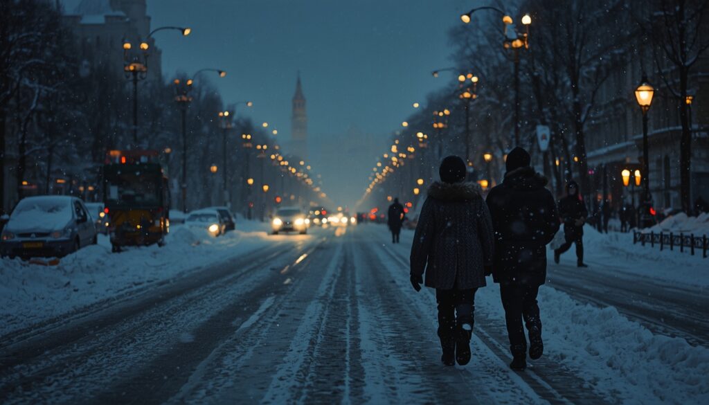 Rua de Moscou coberta de neve no inverno com pedestres bem agasalhados e iluminação noturna, representando o cotidiano de quem mora na Rússia durante os meses frios