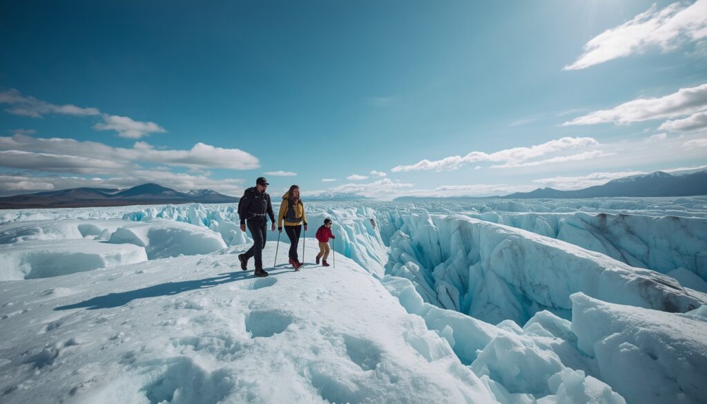  Turista ou morador caminhando sobre geleira islandesa durante o verão com céu azul e paisagem gelada, experiência acessível para quem mora na Islândia
