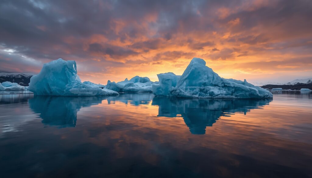 Icebergs azuis flutuando na Lagoa Glacial Jökulsárlón na Islândia ao entardecer 2026