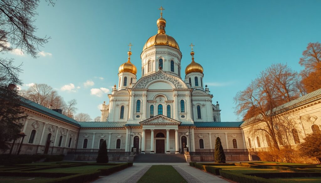 Catedral de Santa Sofia em Kiev com suas cúpulas douradas e jardins ao redor, patrimônio histórico da capital ucraniana onde ainda é possível morar na Ucrânia com precauções