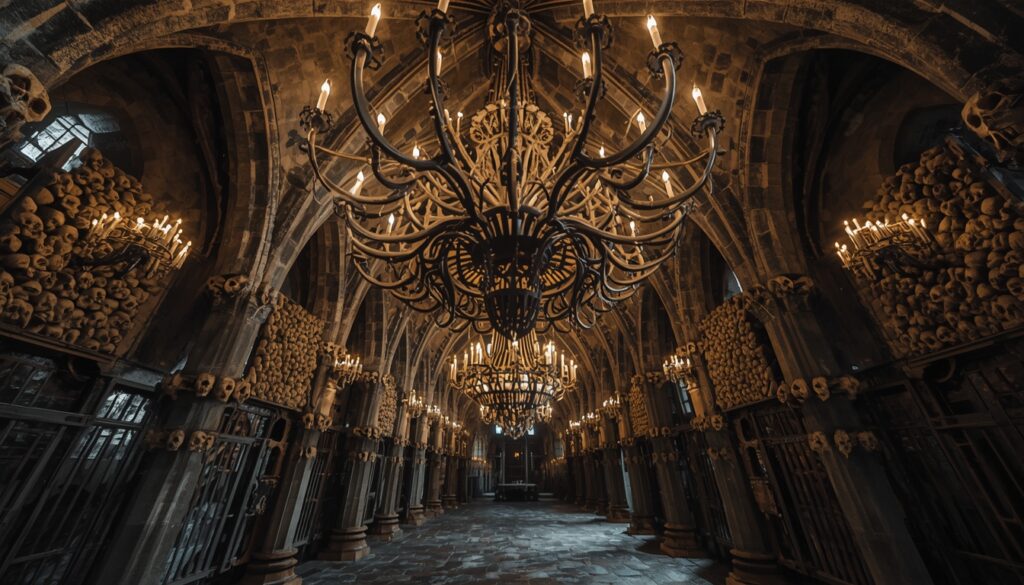 Interior do Ossário de Sedlec em Kutná Hora na República Tcheca com decorações feitas de ossos humanos, uma das atrações mais únicas da Europa Central