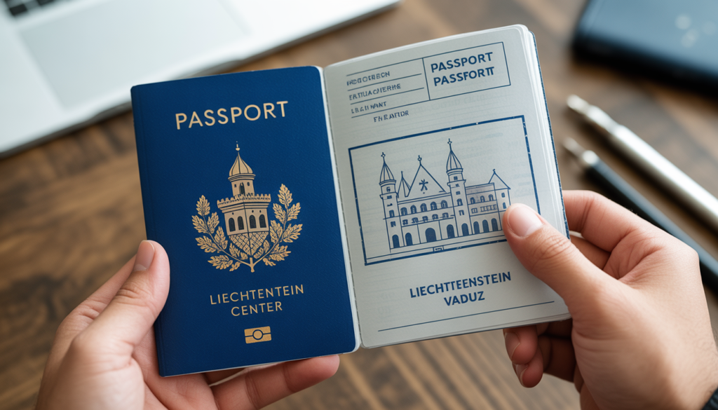 Mão segurando passaporte brasileiro com o carimbo oficial de souvenir de Liechtenstein obtido no Liechtenstein Center em Vaduz — experiência única para turistas que viajam para Liechtenstein