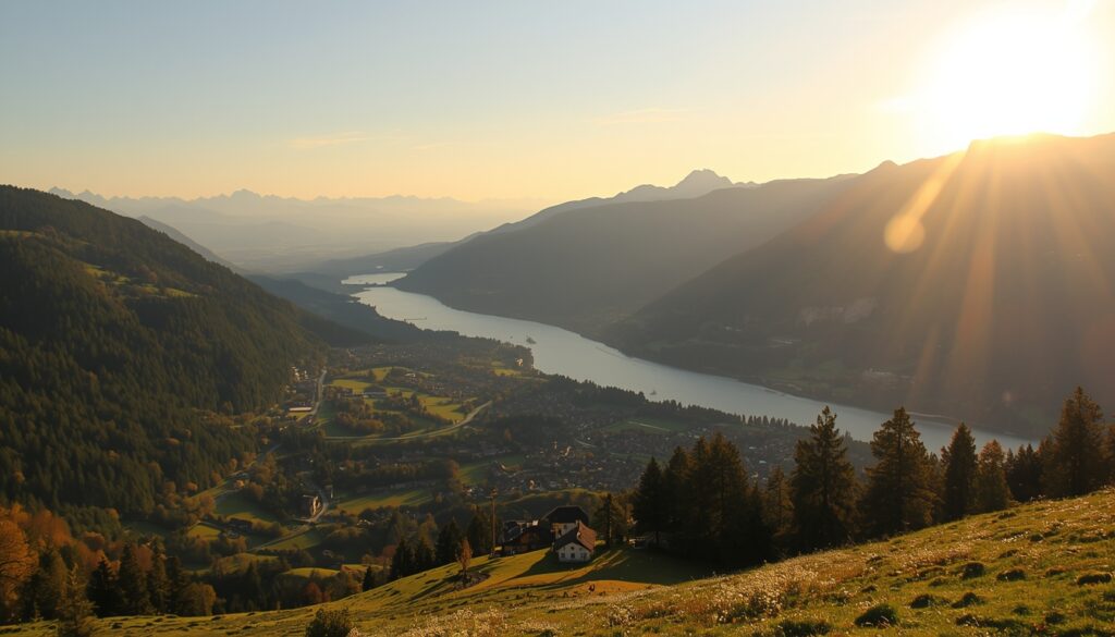 Vista panorâmica de Triesenberg em Liechtenstein com o vale do Reno, os Alpes suíços e austríacos ao fundo — parada imperdível no roteiro de quem viaja para Liechtenstein