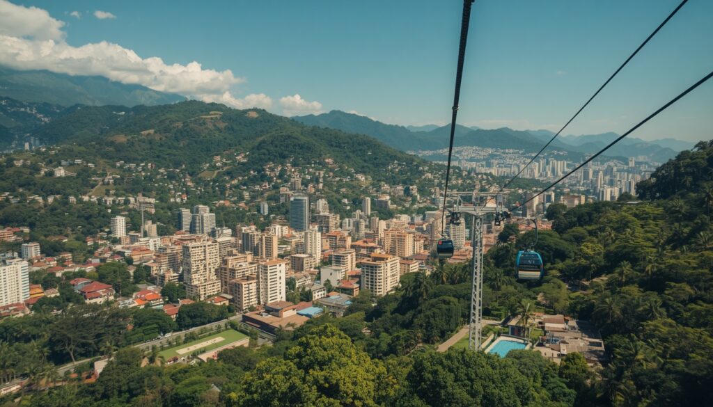 Medellín vista do Metrocable com vegetação das montanhas e bairros coloridos, cidade favorita para brasileiros morarem na Colômbia