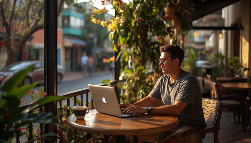Nômade digital trabalhando em coworking de Medellín, Colômbia, em 2026