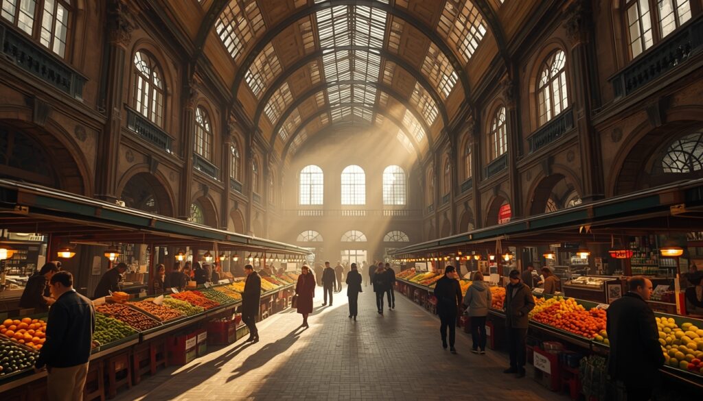 trabalhar na Letônia Interior do Mercado Central de Riga na Letônia com vendedores de frutas, verduras e produtos locais, representando o custo de vida acessível da capital letã