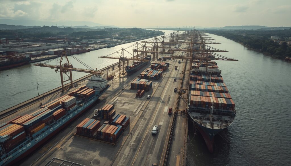 Guindastes e navios de carga operando no movimentado porto comercial e zona industrial de Guayaquil no Equador.