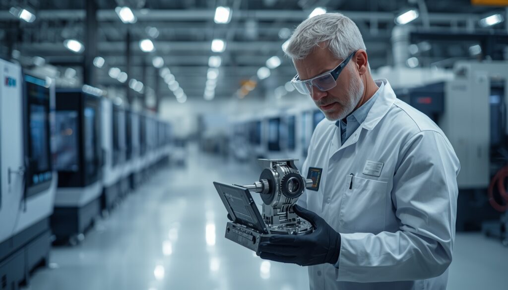 Técnico trabalhando em linha de produção de manufatura de precisão em Liechtenstein, setor que mais emprega estrangeiros no país