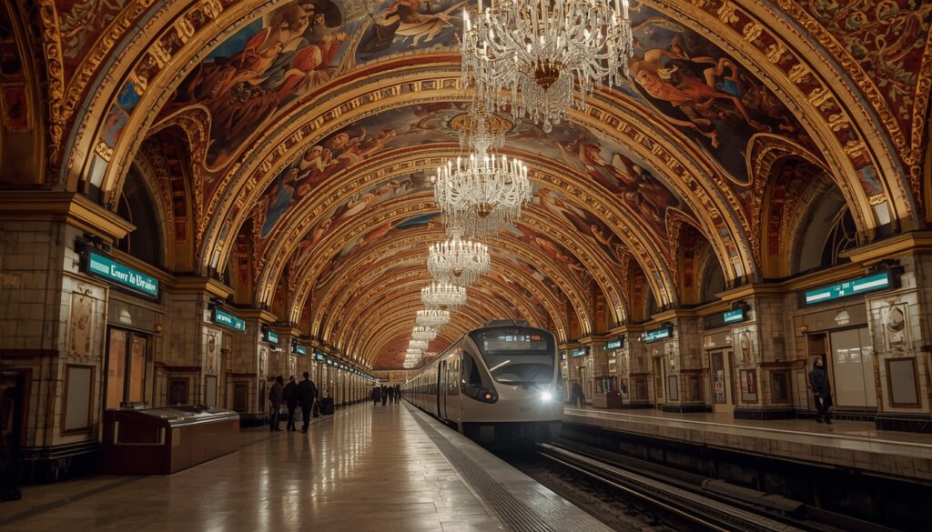 Interior de uma das estações do metrô de Moscou com mosaicos soviéticos, lustres e arquitetura monumental, transporte diário de quem mora na Rússia