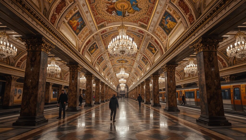 Estação histórica do metrô de Moscou com decoração soviética elaborada em mármore e mosaicos — transporte público para quem trabalha na Rússia e mora em Moscou