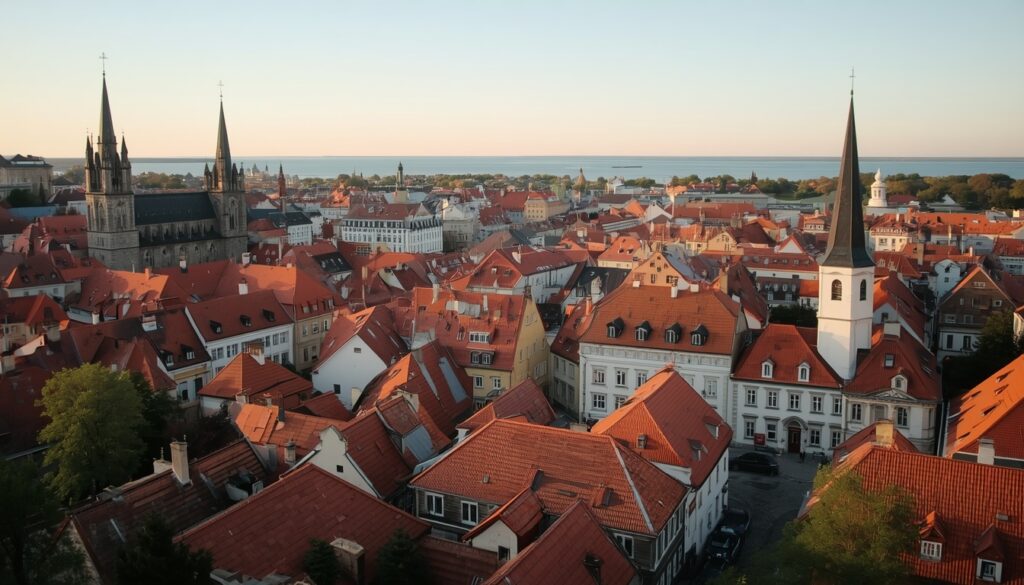 Viajar para Estônia em 2026: guia completo para brasileiros Vista do mirante Kohtuotsa em Tallinn com telhados medievais coloridos e Mar Báltico ao fundo