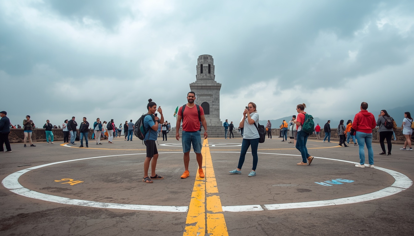 Turista na linha do equador no monumento Mitad del Mundo no Equador 2026