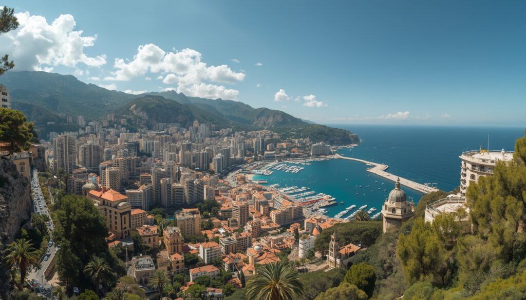Vista panorâmica de Mônaco com o Mediterrâneo ao fundo, arranha-céus modernos e o bairro histórico de La Condamine