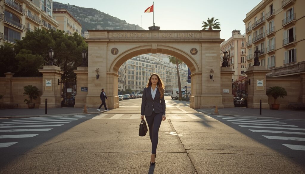 Profissional trabalhando em escritório moderno em Mônaco com vista panorâmica para o Mar Mediterrâneo — ambiente de trabalho típico das empresas financeiras do principado