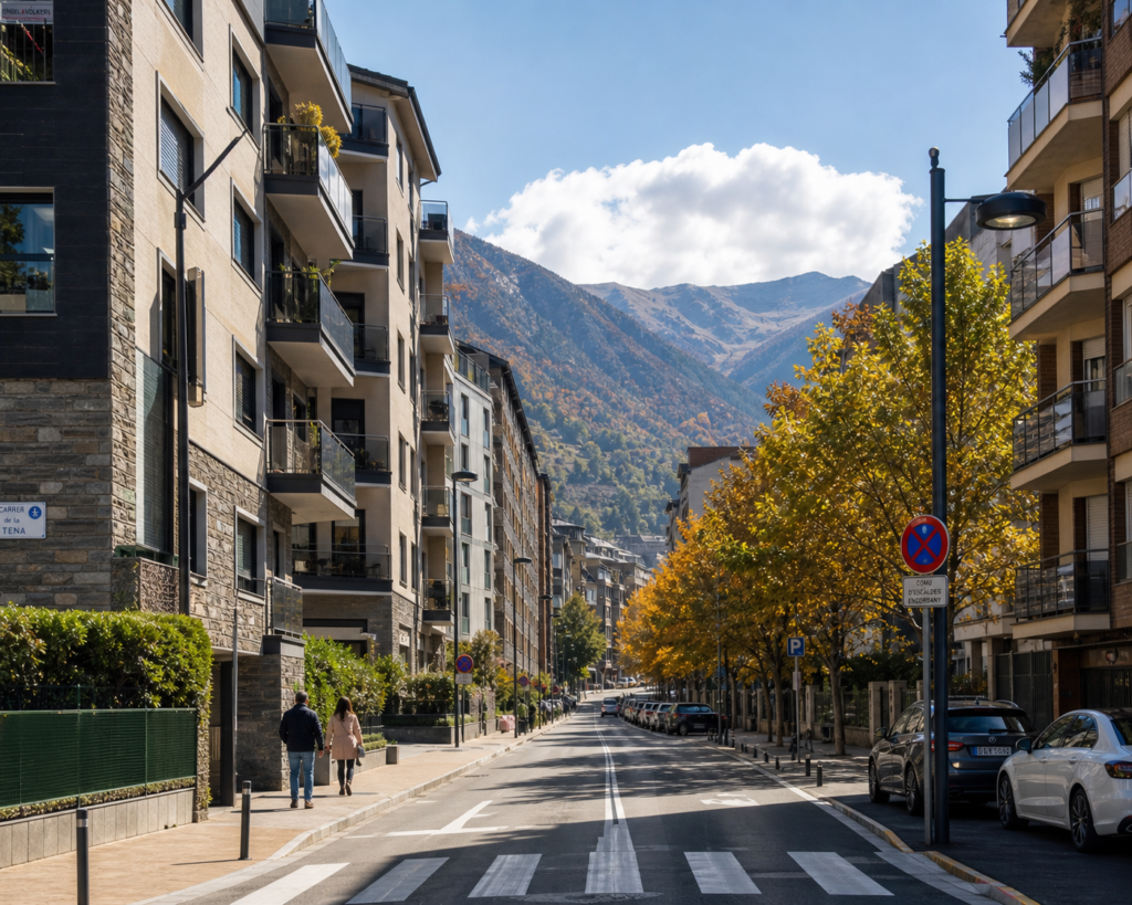 Morar em Andorra em 2026: Guia Completo para Brasileiros morar em Andorra Rua residencial tranquila em Escaldes-Engordany, Andorra, com apartamentos modernos, montanhas ao fundo e céu azul de outono