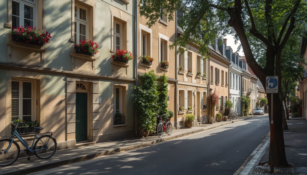 Rua residencial tranquila em Esch-sur-Alzette, Luxemburgo, com casas coloridas, calçadas arborizadas e céu azul de verão