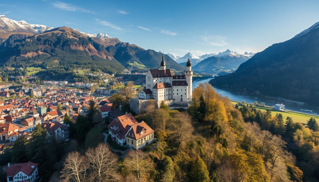 Vista panorâmica de Vaduz, capital de Liechtenstein, com o castelo ao fundo e os Alpes cobertos de neve