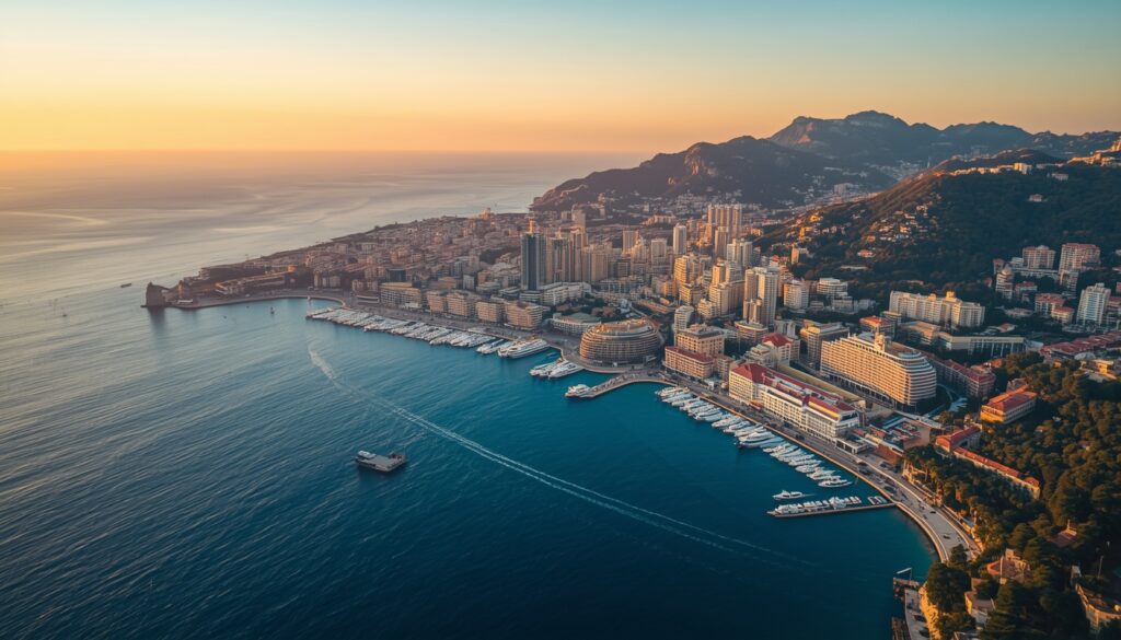 Vista aérea panorâmica do Principado de Mônaco com o Porto Hércules, o bairro de Monte-Carlo e o Mar Mediterrâneo ao fundo, destino de residência para brasileiros em 2026