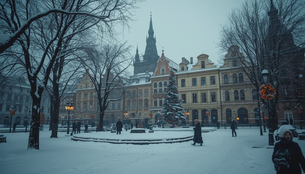 Ruas de Praga cobertas de neve no inverno com temperatura abaixo de zero — o principal desafio climático para brasileiros que decidem morar na República Tcheca