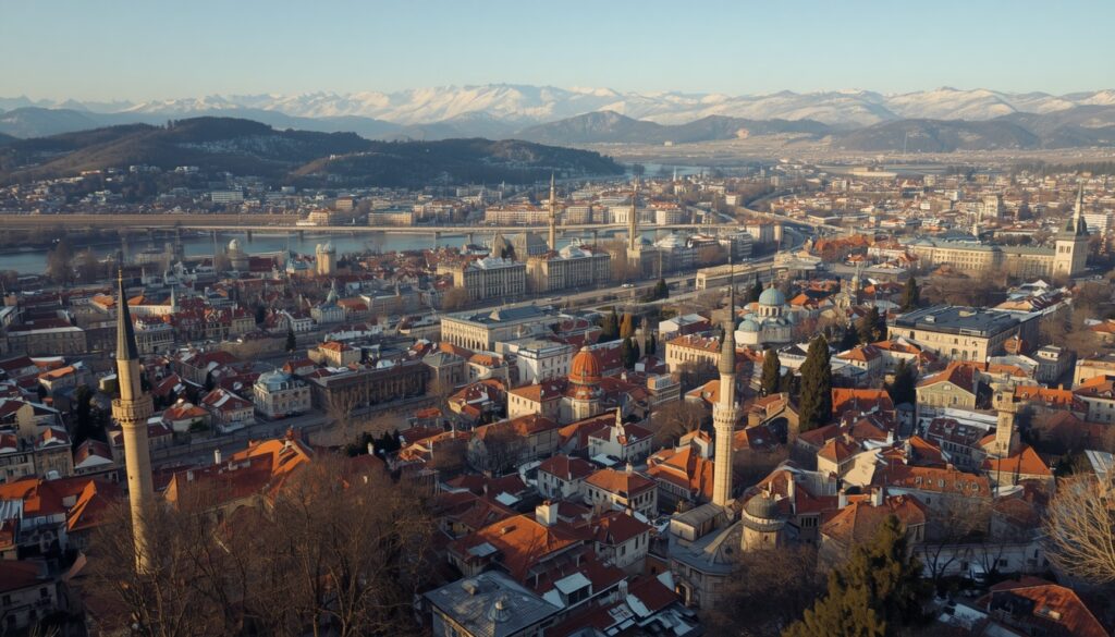 Morar na Bósnia e Herzegovina em 2026: Guia Completo para Brasileiros morar na Bósnia e Herzegovina Vista panorâmica de Sarajevo, capital da Bósnia e Herzegovina, com o bairro histórico de Baščaršija, minaretes e montanhas cobertas de neve ao fundo