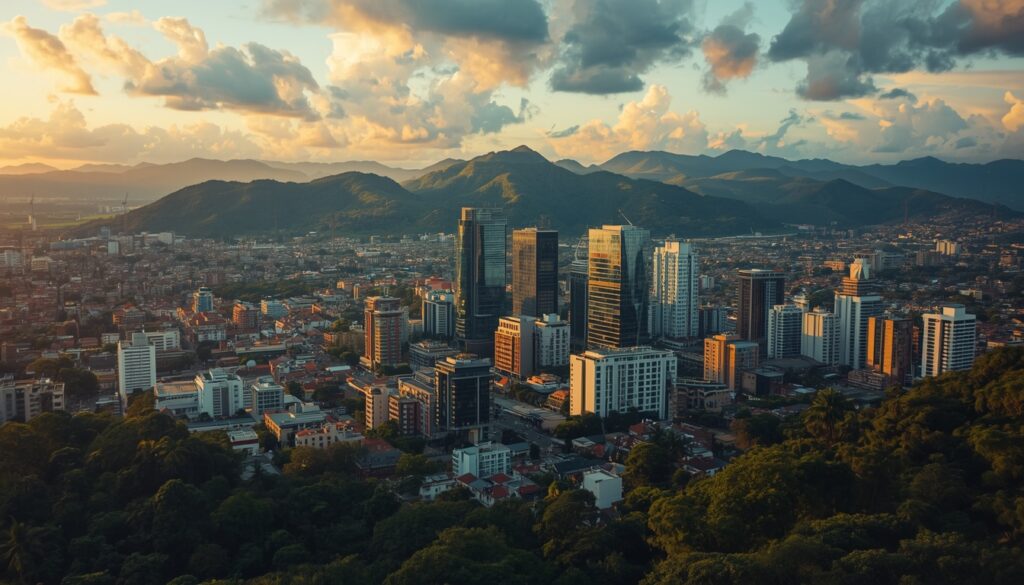 Vista aérea de Bogotá, Colômbia, com arranha-céus e montanhas ao fundo, destino para brasileiros que querem morar na Colômbia em 2026