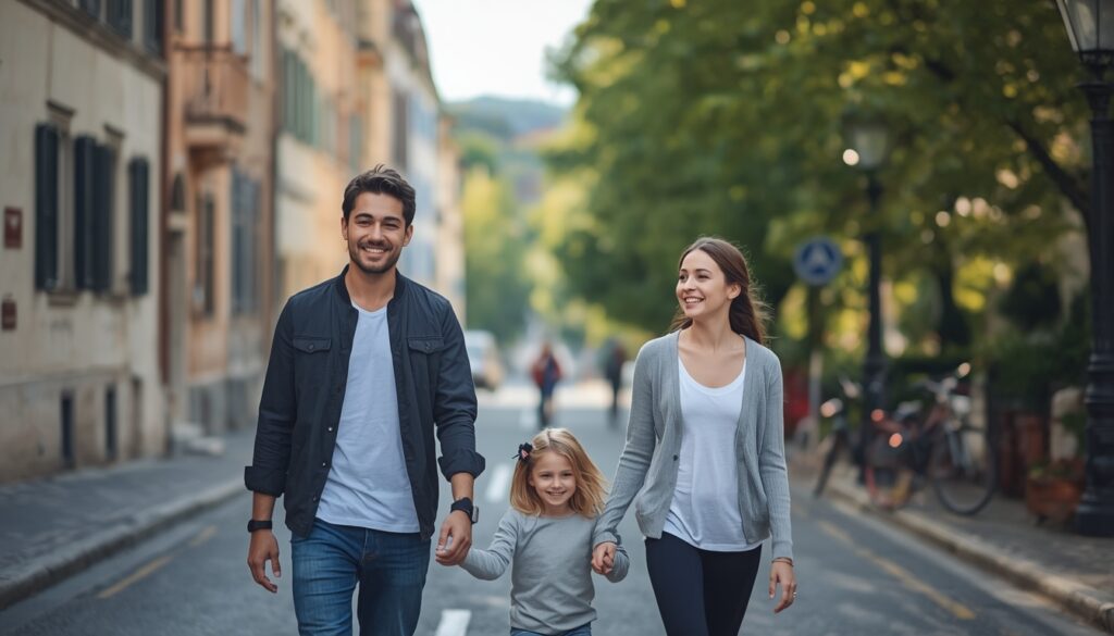 Como Morar na Eslovênia em 2026? Custo de Vida e Vistos Família caminhando alegre por uma rua de pedestres arborizada e limpa no centro de Liubliana, Eslovênia.