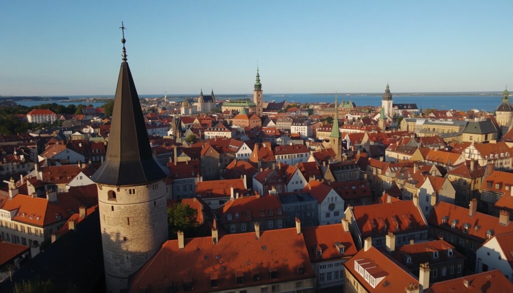 Vista panorâmica do centro histórico medieval de Tallinn, capital da Estônia, destino escolhido por brasileiros para morar na Europa em 2026