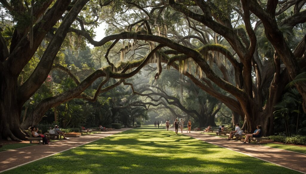 Pessoas caminhando pelas trilhas arborizadas do Jardim Botânico de Georgetown, opção de lazer para morar na Guiana.