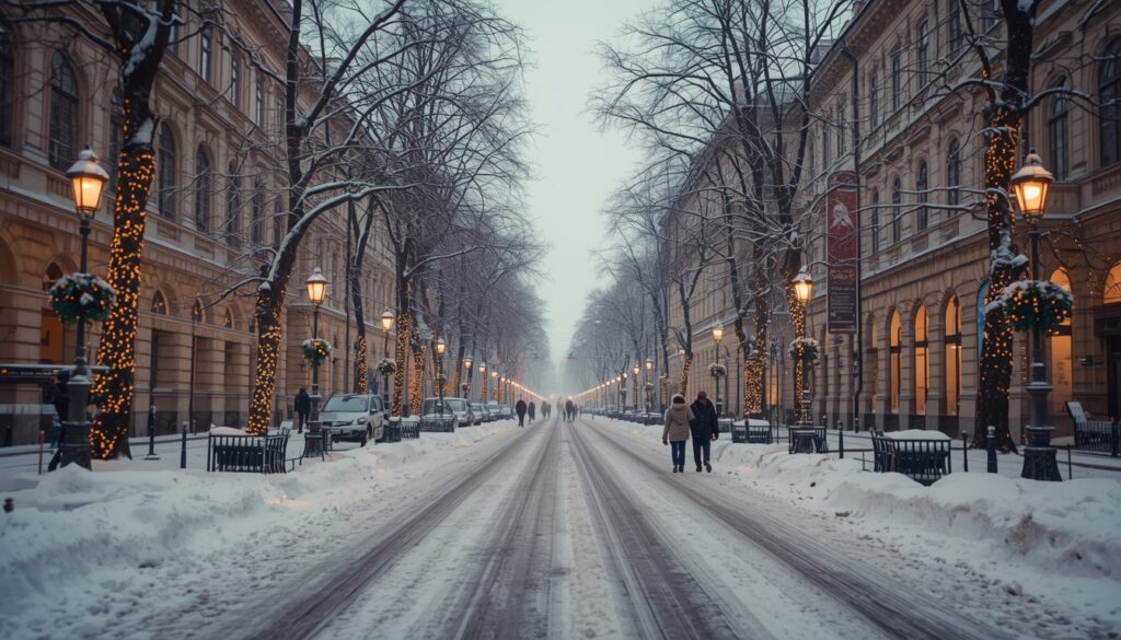 Ruas de Riga cobertas de neve no inverno letão com temperatura abaixo de zero — desafio climático para brasileiros que decidem morar na Letônia