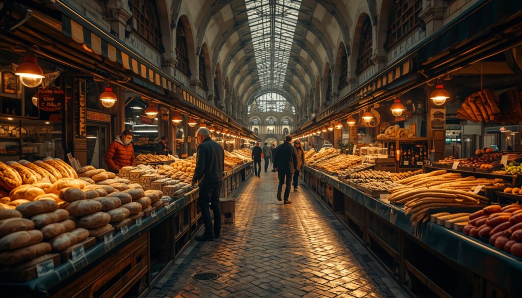 Mercado Central de Riga (Rīgas Centrāltirgus) com barracas de produtos frescos, pães de centeio e laticínios — referência gastronômica para brasileiros que moram na Letônia