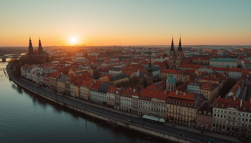 Vista do centro histórico de Riga, capital da Letônia, com arquitetura art nouveau e canais — destino para brasileiros que querem morar na Letônia em 2026