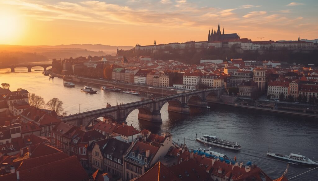 Vista aérea do centro histórico de Praga com a Ponte Carlos e o Castelo de Praga ao fundo — destino mais procurado por brasileiros que querem morar na República Tcheca em 2026