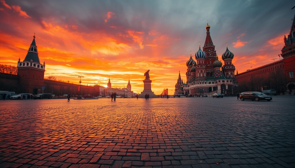 Vista do Kremlin e da Catedral de São Basílio na Praça Vermelha de Moscou ao entardecer, a capital onde a maioria dos estrangeiros que decidem morar na Rússia se instala