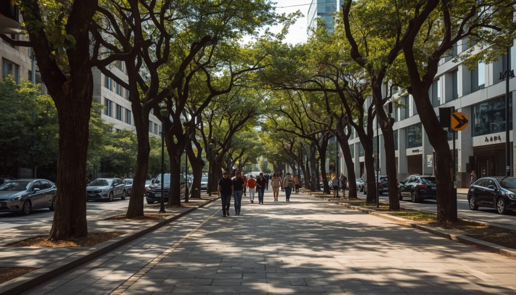 Morar na Venezuela Pessoas caminhando por uma avenida arborizada no centro de Caracas, mostrando a rotina de quem escolhe morar na venezuela.