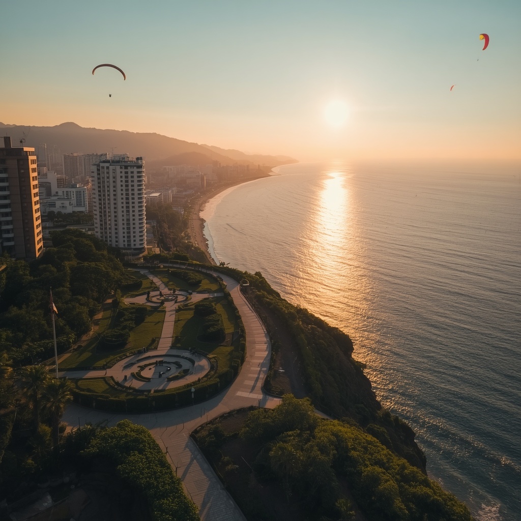Vista aérea do bairro Miraflores em Lima Peru com o Oceano Pacífico e o Malecón ao fundo, melhor bairro para brasileiros morarem no Peru em 2026