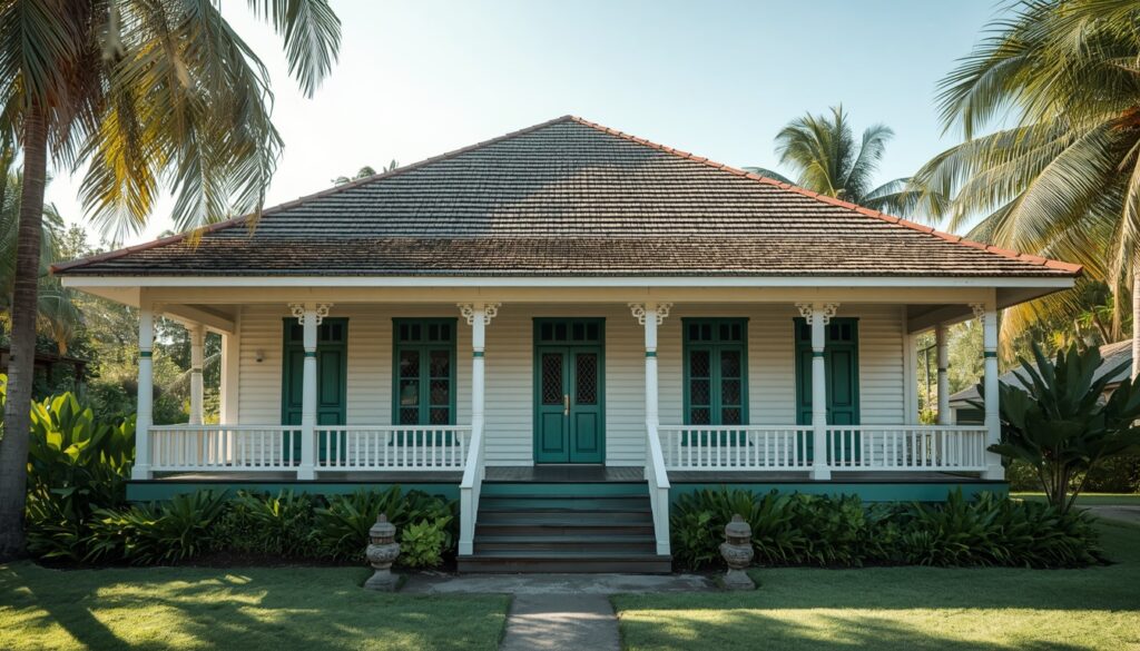 Fachada de uma casa de madeira em estilo colonial holandês cercada por jardim, ideal para quem planeja morar no Suriname.